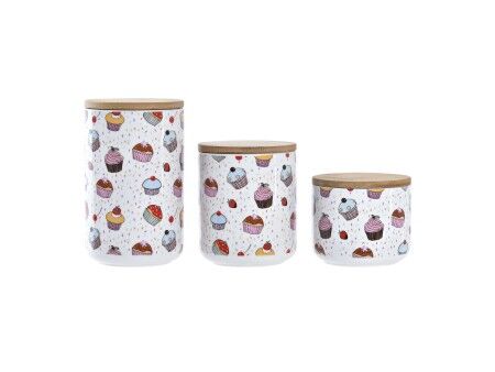 3 pojemniki masy DKD Home Decor Naturalny Biały Wielokolorowy Bambus Kamionka 10 x 10 x 17 cm Cupcake