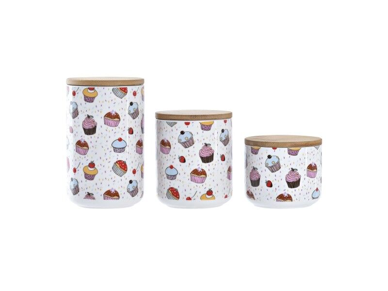 3 pojemniki masy DKD Home Decor Naturalny Biały Wielokolorowy Bambus Kamionka 10 x 10 x 17 cm Cupcake