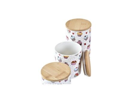 3 pojemniki masy DKD Home Decor Naturalny Biały Wielokolorowy Bambus Kamionka 10 x 10 x 17 cm Cupcake