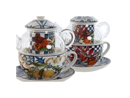 Dzbanek na herbatę Home ESPRIT Niebieski Biały Szkło Porcelana (2 Sztuk)