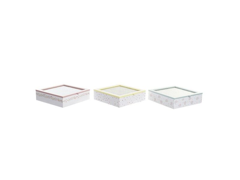 Pojemnik na Herbatę DKD Home Decor Żółty Czerwony Kolor Zielony Metal Szkło Drewno MDF 3 Części 24 x 24 x 7 cm