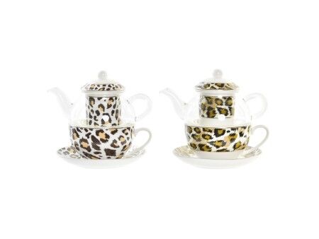 Dzbanek na herbatę DKD Home Decor Lampart Szkło Porcelana Brązowy Przezroczysty Biały (2 Sztuk)