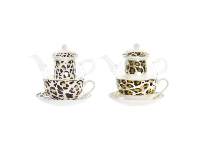 Dzbanek na herbatę DKD Home Decor Lampart Szkło Porcelana Brązowy Przezroczysty Biały (2 Sztuk)
