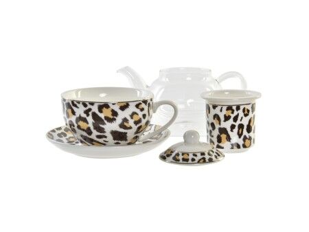 Dzbanek na herbatę DKD Home Decor Lampart Szkło Porcelana Brązowy Przezroczysty Biały (2 Sztuk)