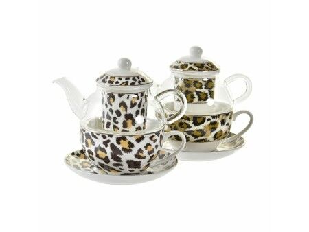 Dzbanek na herbatę DKD Home Decor Lampart Szkło Porcelana Brązowy Przezroczysty Biały (2 Sztuk)