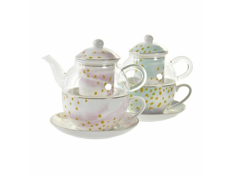 Dzbanek na herbatę DKD Home Decor Szkło Porcelana Różowy Przezroczysty Biały Kolor Zielony (2 Sztuk)