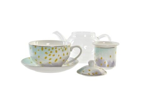 Dzbanek na herbatę DKD Home Decor Szkło Porcelana Różowy Przezroczysty Biały Kolor Zielony (2 Sztuk)