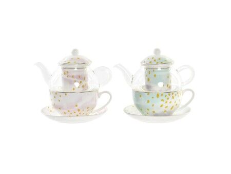Dzbanek na herbatę DKD Home Decor Szkło Porcelana Różowy Przezroczysty Biały Kolor Zielony (2 Sztuk)