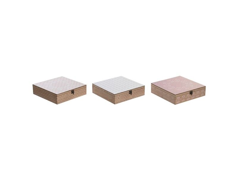 Pojemnik na Herbatę DKD Home Decor Szkło Różowy Metal Biały 24 x 24 x 7 cm 3 Części Drewno MDF