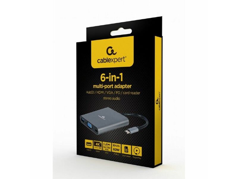 HUB USB GEMBIRD A-CM-COMBO6-01 Szary