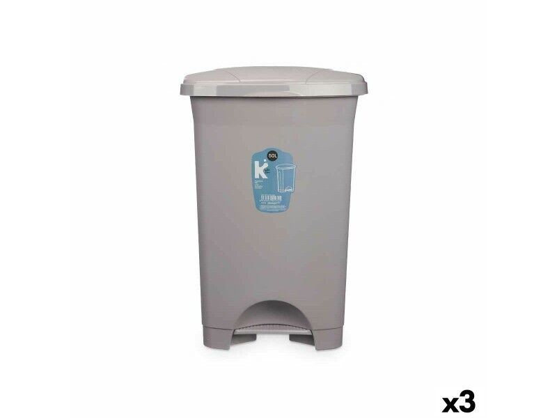 Kosz na Śmieci z Pedałem Szary Plastikowy 50 L (3 Sztuk)