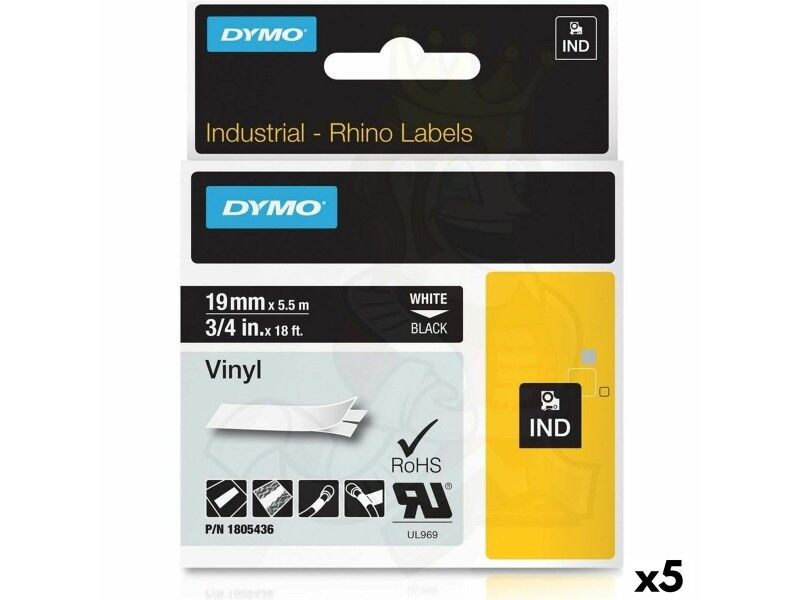 Laminowana Taśma do Drukarki Etykiet Rhino Dymo ID1-19 19 x 5,5 mm Czarny Poliester Biały Samoprzylepne (5 Sztuk)