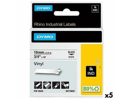 Laminowana Taśma do Drukarki Etykiet Rhino Dymo ID1-19 19 x 5,5 mm Czarny Biały Nalepki Samoprzylepne (5 Sztuk)