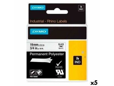 Laminowana Taśma do Drukarki Etykiet Rhino Dymo ID1-19 19 x 5,5 mm Czarny Poliester Biały Samoprzylepne (5 Sztuk)