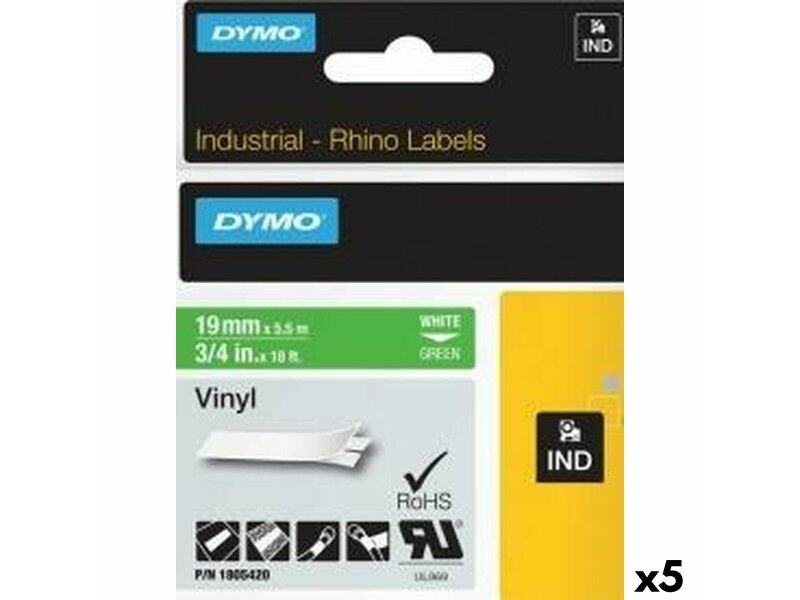 Laminowana Taśma do Drukarki Etykiet Rhino Dymo ID1-19 19 x 5,5 mm Biały Kolor Zielony Nalepki Samoprzylepne (5 Sztuk)