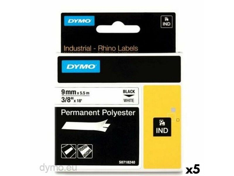 Laminowana Taśma do Drukarki Etykiet Rhino Dymo ID1-9 9 x 5,5 mm Czarny Poliester Biały (5 Sztuk)