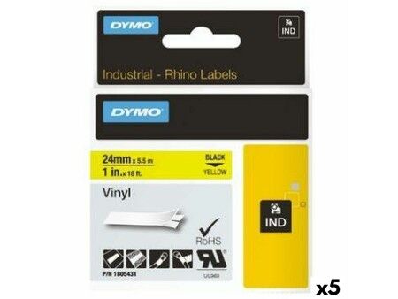 Laminowana Taśma do Drukarki Etykiet Rhino Dymo ID1-24 24 x 5,5 mm Czarny Żółty Nalepki Samoprzylepne (5 Sztuk)