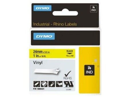 Laminowana Taśma do Drukarki Etykiet Rhino Dymo ID1-24 24 x 5,5 mm Czarny Żółty Nalepki Samoprzylepne (5 Sztuk)