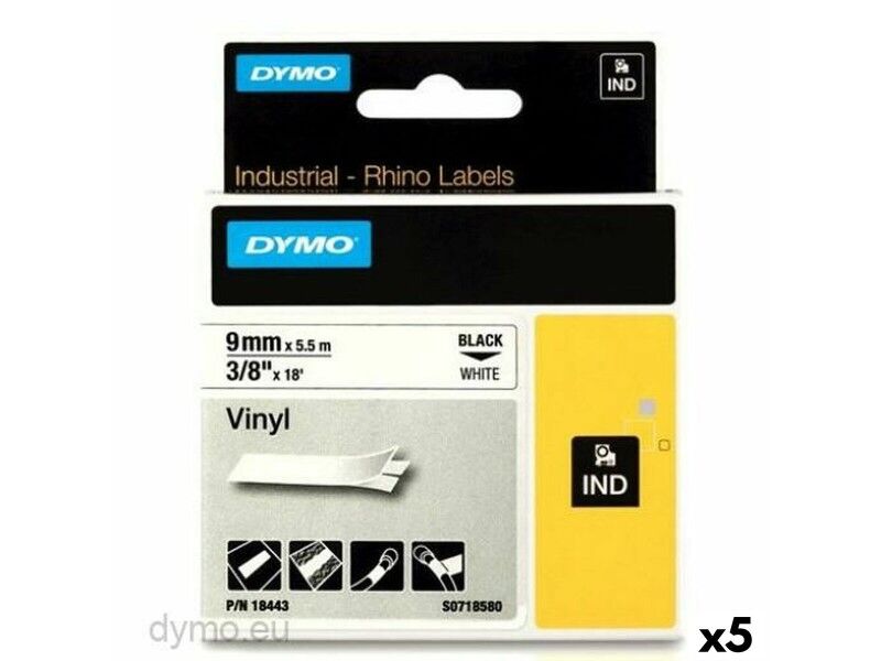 Laminowana Taśma do Drukarki Etykiet Rhino Dymo ID1-9 Biały Czarny 9 x 5,5 mm Nalepki (5 Sztuk)
