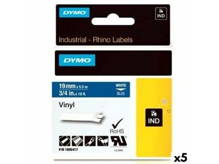 Laminowana Taśma do Drukarki Etykiet Dymo Rhino 19 mm x 5,5 m Niebieski Biały Nalepki (5 Sztuk)