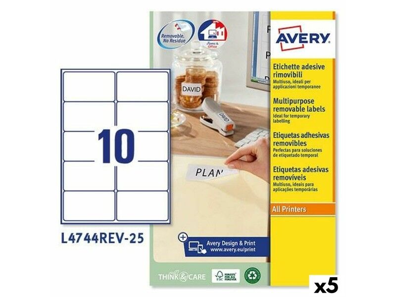 Etykiety do Drukarki Avery L4744REV Biały 25 Kartki 96 x 50,8 mm (5 Sztuk)